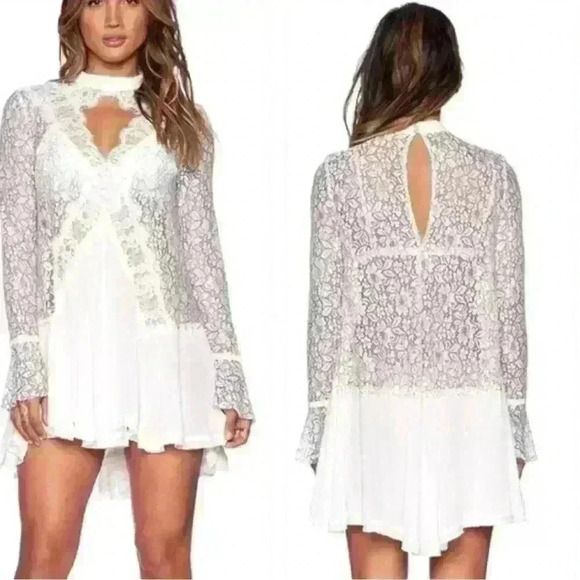 Free People Dresses & Skirts - Free People Secret Origins Pieced Lace Choker Neck Tunic Dress White Size S
